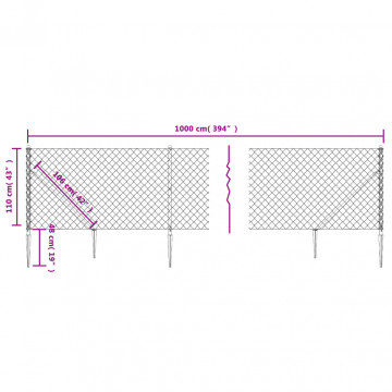 Gard plasă de sârmă cu țăruși de fixare, argintiu, 1,1x10 m - Img 5