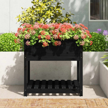 Jardinieră cu raft, negru, 82,5x82,5x81 cm, lemn masiv de pin - Img 3