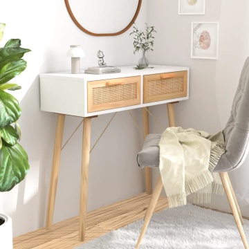 Masă consolă alb 80x30x75 cm lemn masiv pin și ratan natural - Img 1