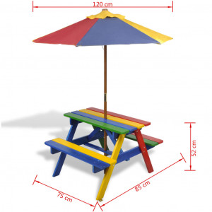 Masă de picnic pentru copii cu bănci & umbrelă, lemn multicolor - Img 6
