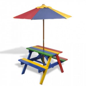 Masă de picnic pentru copii cu bănci & umbrelă, lemn multicolor - Img 1