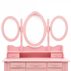 Masă de toaletă cu taburet și triptic oglinzi, roz - Img 7