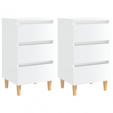 Noptiere & picioare lemn, 2 buc., alb extralucios, 40x35x69 cm - Img 1