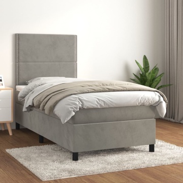 Pat box spring cu saltea, gri deschis, 100x200 cm, catifea - Img 1