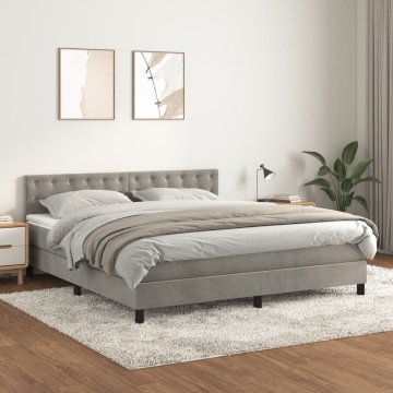 Pat box spring cu saltea, gri deschis, 160x200 cm, catifea - Img 1