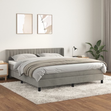Pat box spring cu saltea, gri deschis, 160x200 cm, catifea - Img 1