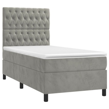 Pat box spring cu saltea, gri deschis, 90x190 cm, catifea - Img 3
