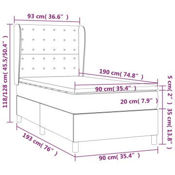 Pat box spring cu saltea, gri deschis, 90x190 cm, catifea - Img 6