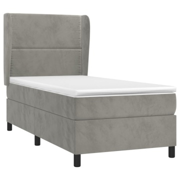 Pat box spring cu saltea, gri deschis, 90x190 cm, catifea - Img 3