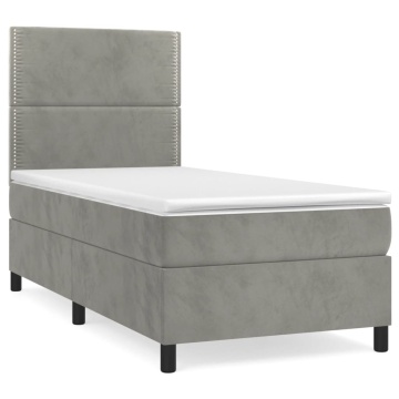Pat box spring cu saltea, gri deschis, 90x190 cm, catifea - Img 2