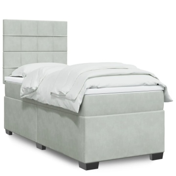 Pat box spring cu saltea, gri deschis, 90x190 cm, catifea - Img 1