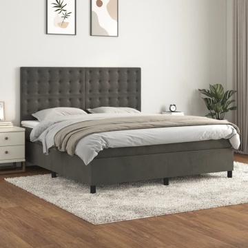 Pat box spring cu saltea, gri închis, 180x200 cm, catifea - Img 1