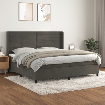 Pat box spring cu saltea, gri închis, 200x200 cm, catifea - Img 1