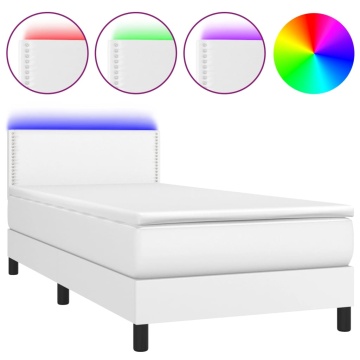 Pat continental cu saltea & LED, alb, 90x200 cm, piele eco - Img 2