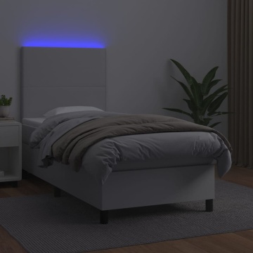 Pat continental cu saltea & LED, alb, 90x200 cm, piele eco - Img 4