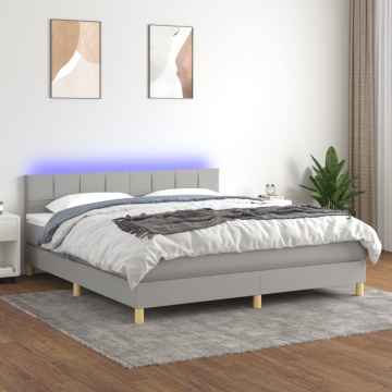 Pat cu arcuri, saltea și LED, gri deschis, 160x200 cm, textil - Img 1
