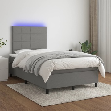 Pat cu arcuri, saltea și LED, gri închis, 120x200 cm, textil - Img 1