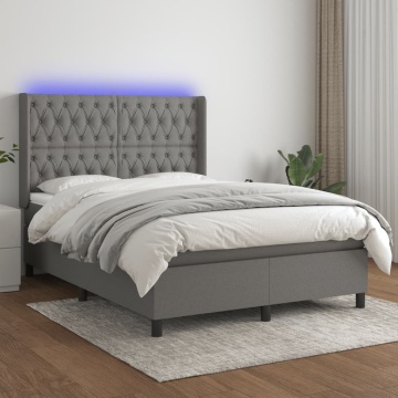 Pat cu arcuri, saltea și LED, gri închis, 140x190 cm, textil - Img 1