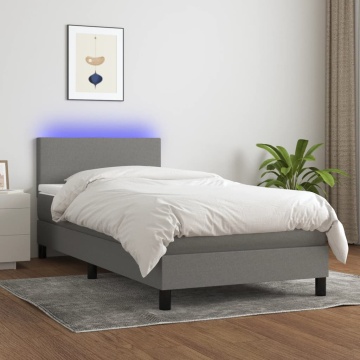 Pat cu arcuri, saltea și LED, gri închis, 90x190 cm, textil - Img 1