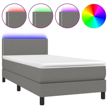 Pat cu arcuri, saltea și LED, gri închis, 90x190 cm, textil - Img 2