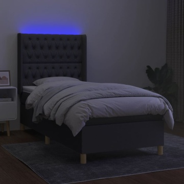 Pat cu arcuri, saltea și LED, gri închis, 90x200 cm, textil - Img 3