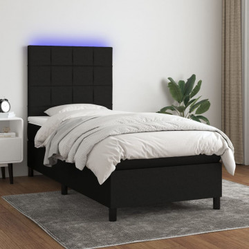 Pat cu arcuri, saltea și LED, negru, 90x190 cm, textil - Img 1