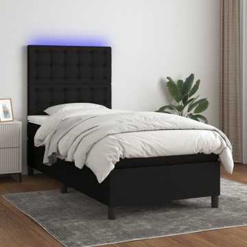 Pat cu arcuri, saltea și LED, negru, 90x190 cm, textil - Img 1