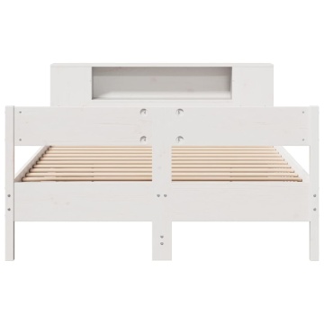 Pat cu bibliotecă fără saltea, alb, 140x190 cm, lemn masiv pin - Img 4