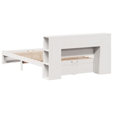 Pat cu bibliotecă fără saltea, alb, 140x190 cm, lemn masiv pin - Img 5