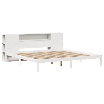 Pat cu bibliotecă fără saltea, alb, 200x200 cm, lemn masiv pin - Img 3