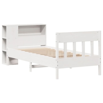 Pat cu bibliotecă fără saltea, alb, 75x190 cm, lemn masiv pin - Img 3