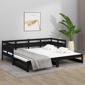 Pat de zi extensibil, negru, 2x(80x200) cm, lemn masiv de pin - Img 4