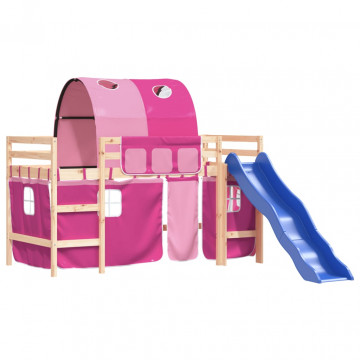 Pat etajat de copii cu tunel, roz, 90x190 cm, lemn masiv pin - Img 4