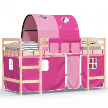 Pat etajat de copii cu tunel, roz, 90x200 cm, lemn masiv pin - Img 2
