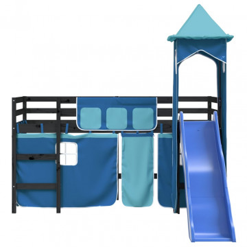 Pat etajat de copii cu turn albastru 80x200 cm lemn masiv pin - Img 8