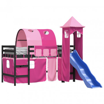 Pat etajat de copii cu turn, roz, 80x200 cm, lemn masiv pin - Img 3