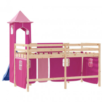 Pat etajat de copii cu turn, roz, 90x200 cm, lemn masiv pin - Img 6