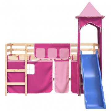 Pat etajat de copii cu turn, roz, 90x200 cm, lemn masiv pin - Img 8