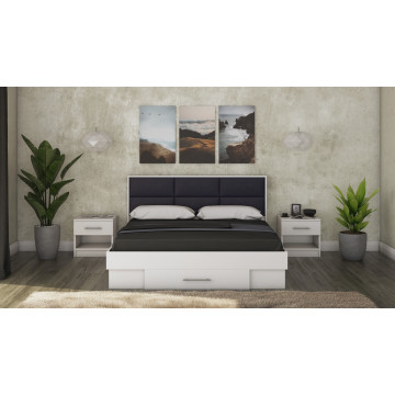 Pat solano alb cu noptiere si saltea, tablie tapitata negru, 160×200 cm - Img 1