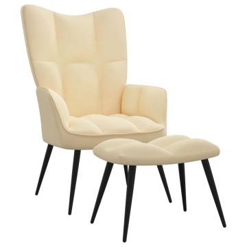 Scaun de relaxare cu taburet, alb crem, catifea - Img 2