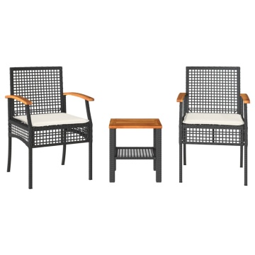 Set bistro cu perne, 3 piese, negru, poliratan și lemn acacia - Img 2