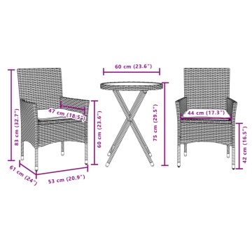 Set bistro cu perne, 3 piese, negru, poliratan și sticlă - Img 6