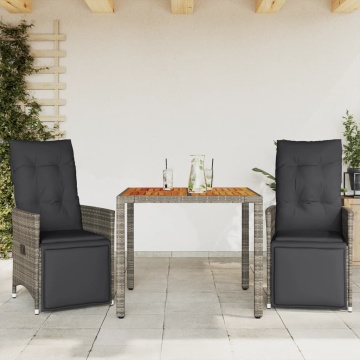Set bistro de grădină cu perne, 3 piese, gri, poliratan - Img 1