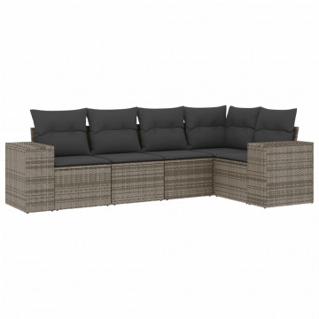 Set canapea de grădină cu perne, 5 piese, gri, poliratan - Img 2