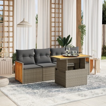 Set canapea de grădină cu perne, 5 piese, gri, poliratan - Img 1