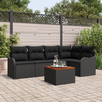 Set Canapea de Grădină de 6 Piese cu Perne Negru Ratan Polimeric Acacia, Canapea de Grădină pentru 2 Persoane cu Perne Negru Ratan Polimeric - Img 1