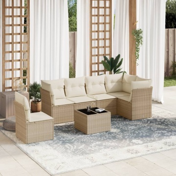 Set canapele de grădină, 7 piese, cu perne, bej, poliratan - Img 1