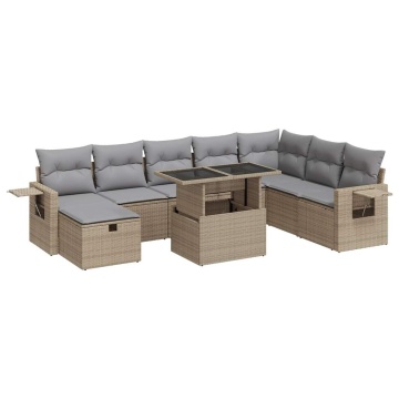 Set canapele de grădină, 9 piese, cu perne, bej, poliratan - Img 2
