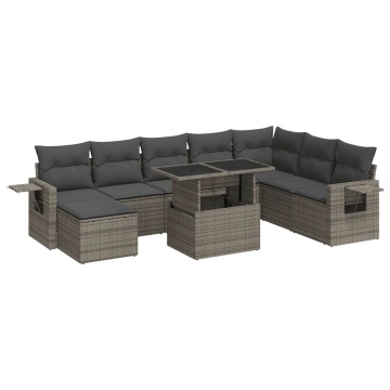 Set canapele de grădină, 9 piese, cu perne, gri, poliratan - Img 2