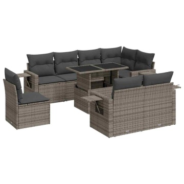 Set canapele de grădină, 9 piese, cu perne, gri, poliratan - Img 2